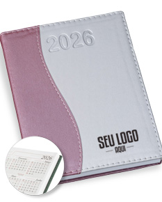 Agenda Diária 2025 com capa roxa e páginas em papel reciclado.