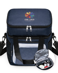 Bolsa térmica dupla preta de 12 litros, feita de couro e nylon com zíper e alça. Ideal para viagens, negócios, esportes e aventuras.