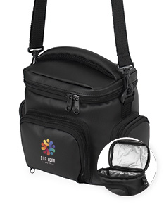 Bolsa térmica de 7 litros em couro preto, com alça única, fecho de zíper, elegante e moderna. Ideal para viagens, negócios, escola ou passeios.