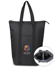 Bolsa térmica preta e marrom, de estilo moderno e elegante, com alça de couro e zíper. Ideal para viagens ou compras, oferecendo armazenamento térmico para alimentos ou bebidas.