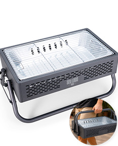 Churrasqueira portátil com design moderno e compacto, ideal para uso em ambientes externos. Feita de metal e plástico, possui botões e conexões para ajustar a temperatura. Perfeita para momentos de lazer e confraternizações ao ar livre.