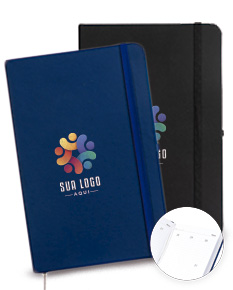 Planner Permanente Emborrachado com capa protetora preta, design moderno, espaço em branco para organização de informações, ícones de tecnologia e escrita, ideal para uso em escritórios e estudos.
