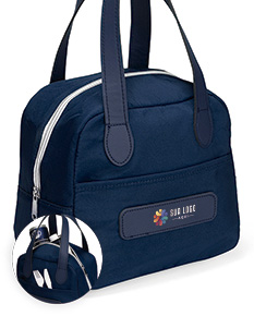 Bolsa térmica de 6 litros em couro marrom, elegante e moderna, com alça ajustável, zíper moderno, bolsos para armazenamento, ideal para compras ou viagens.