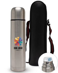 Garrafa térmica de 750ml em metal prateado, com tampa e design vertical. A garrafa está vazia e possui um rótulo preto.