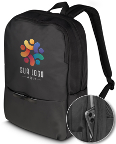 Mochila para notebook preta de couro, moderna e elegante, usada por um homem de negócios. Ideal para viagens de trabalho, possui vários compartimentos e alça ajustável.