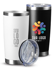 Copo Térmico 520ml em metal brilhante, com capacidade para bebidas quentes e frias. Embalagem de alumínio, ideal para manter a temperatura do líquido.