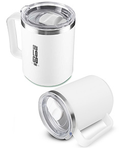 Caneca de plástico PP conservada, com tampa de metal e liquidificador de aço. A caneca está vazia e possui um design em preto e prata. Ideal para bebidas quentes como café ou chá.