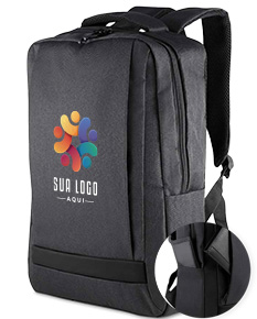 Mochila para notebook em Poliéster 300D preta, com alça de couro, zíper, estilo business, moderno e elegante para viagens e uso no escritório.